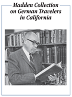 Madden Collection of German Travelers in California bookplate, with him reading near a bookshelf.